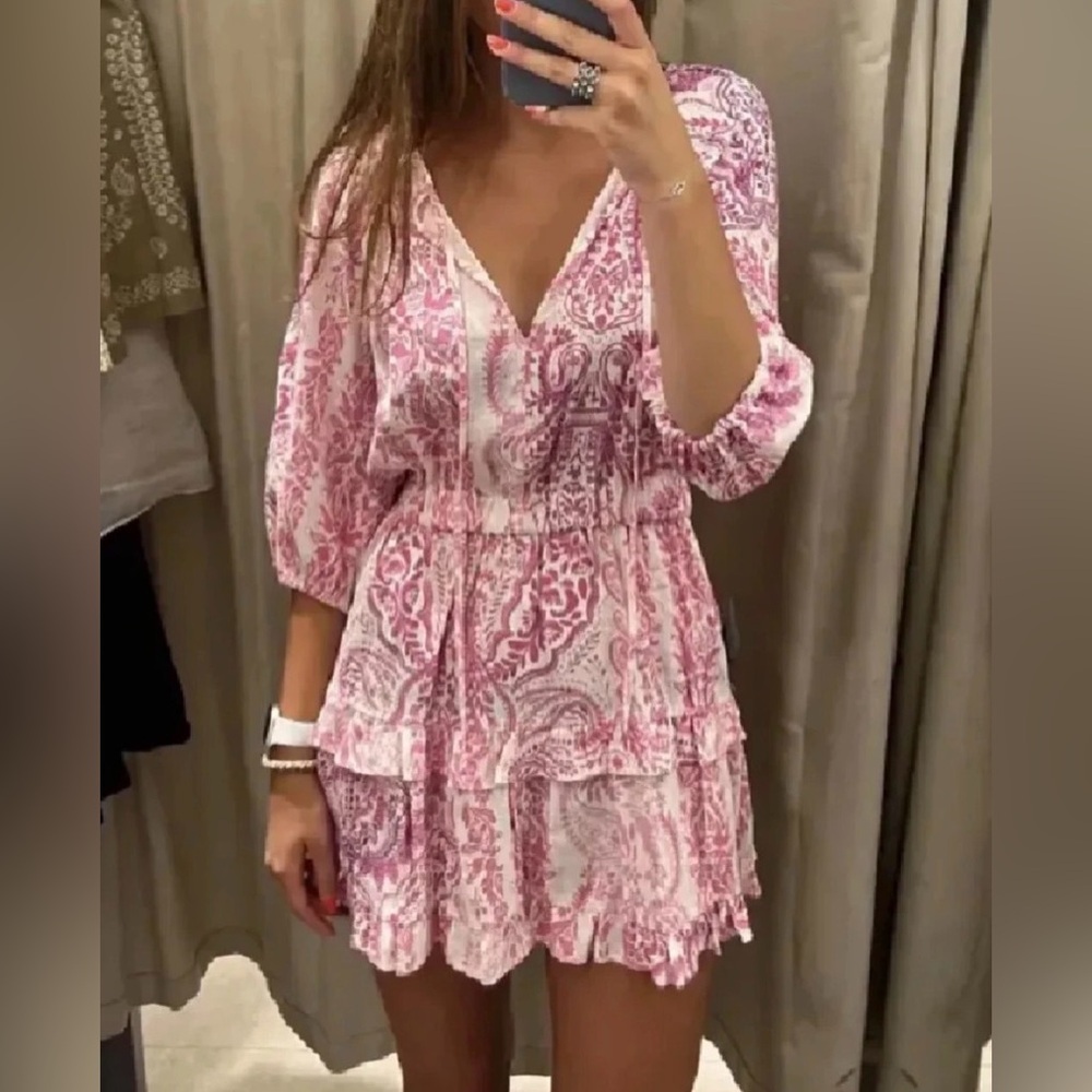 Zara Romantic Flirty Pink & White Paisley Layered Linen Mini Dress- size XS - Picture 16 of 16